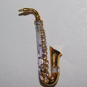 Saxophone Brooch Silver Gold tone Rhinestones Sax